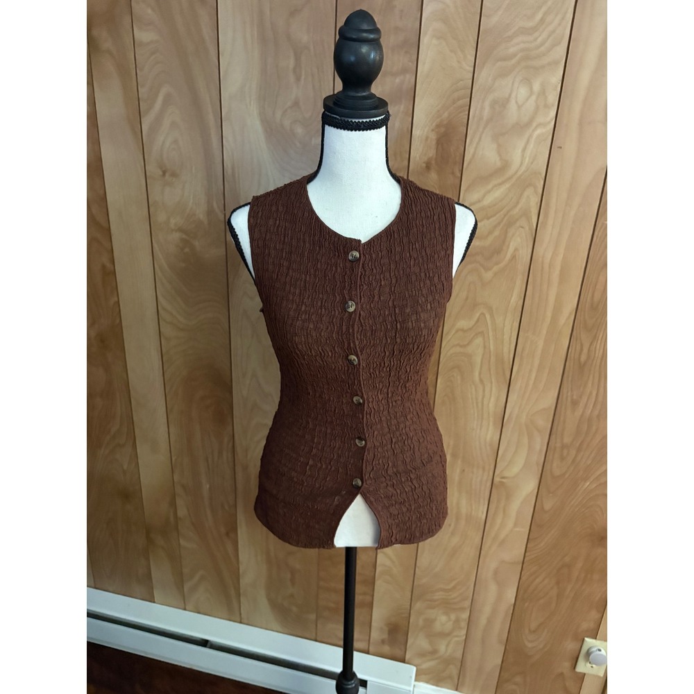 HM Brown Popcorn Crinkle Sleeveless Button Down Top XXS 282439